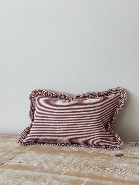 Darcy Ruffle Cotton Cushion 50x30 – Burgundy Stripe