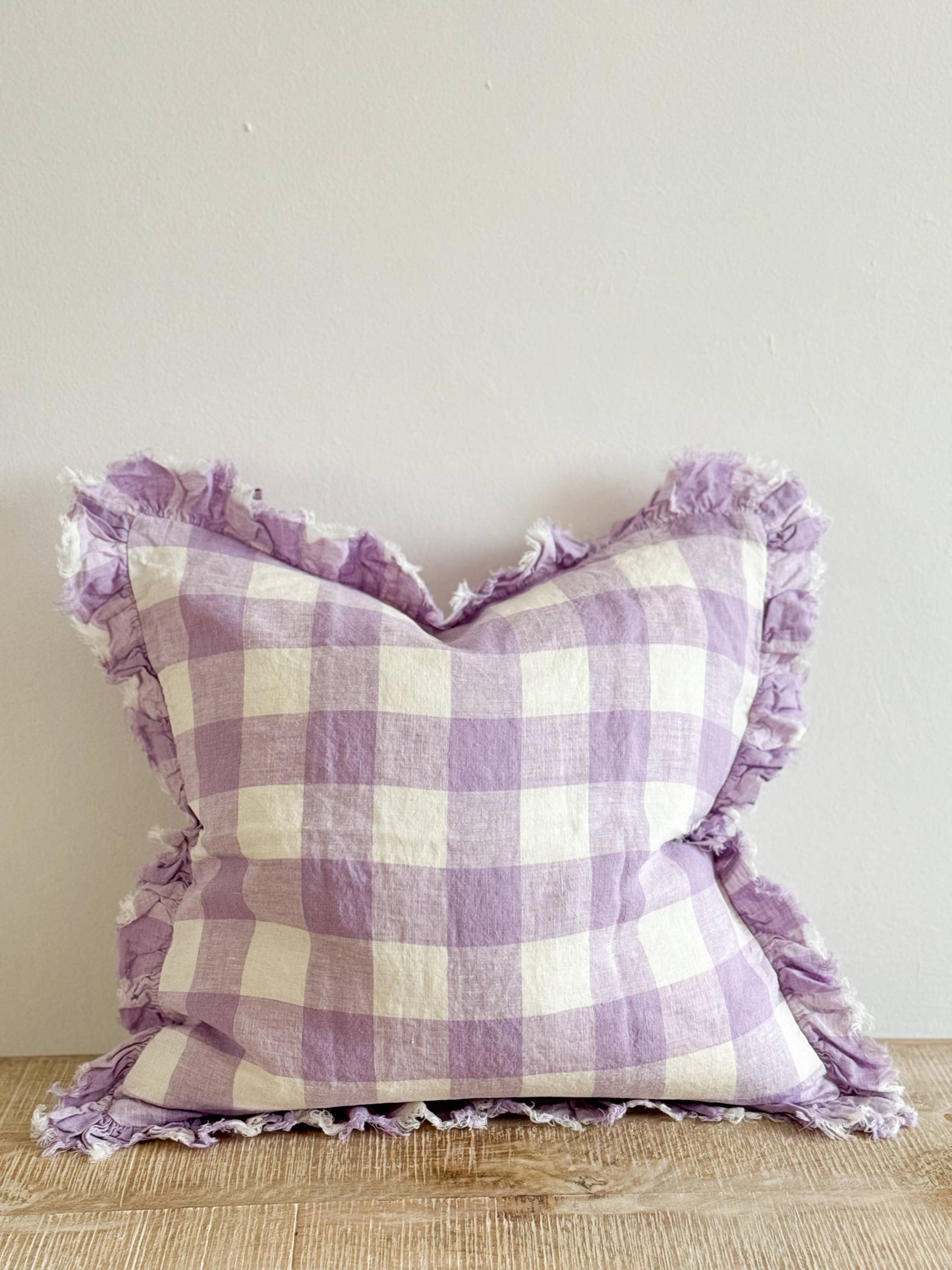 Hallie Ruffled Linen Cushion Cover – Lilac Check