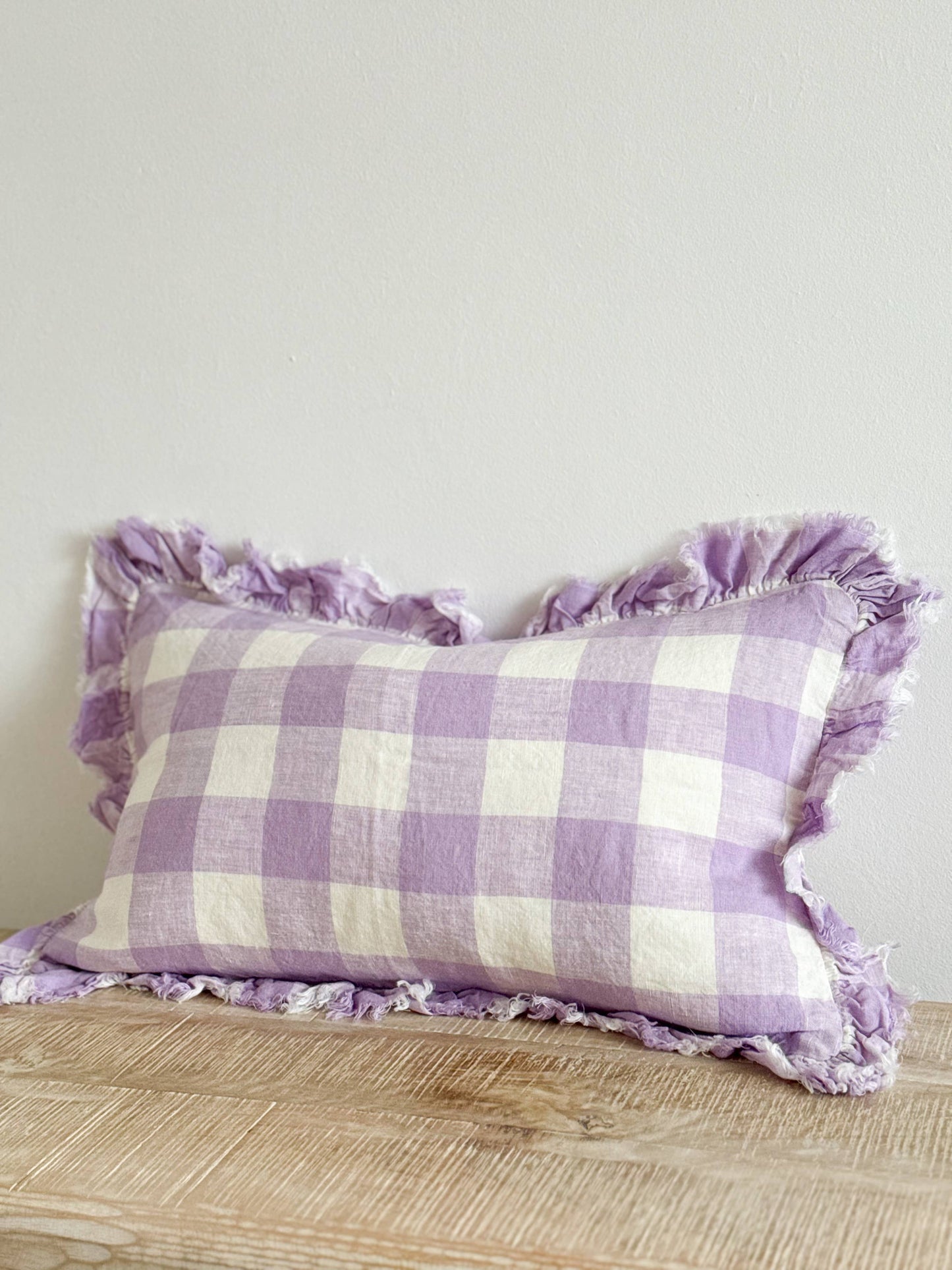 Hallie Ruffled Linen Cushion Cover – Lilac Check