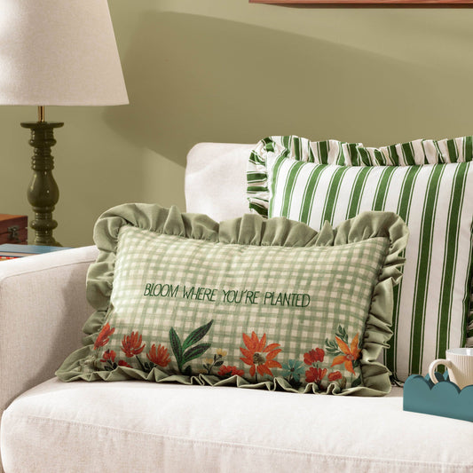 Meadow Haze Embroidered Ruffle Cushion Green