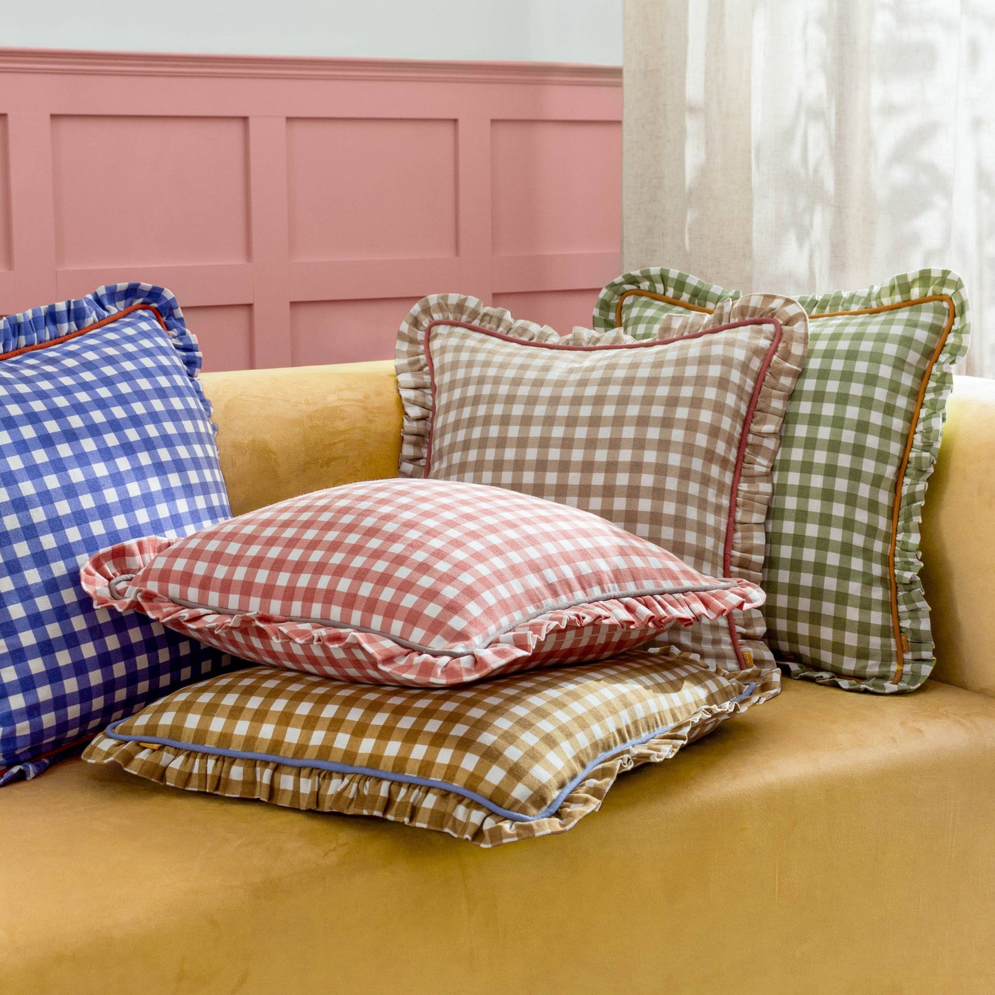 Maude Gingham Reversible Piped Cushion Natural