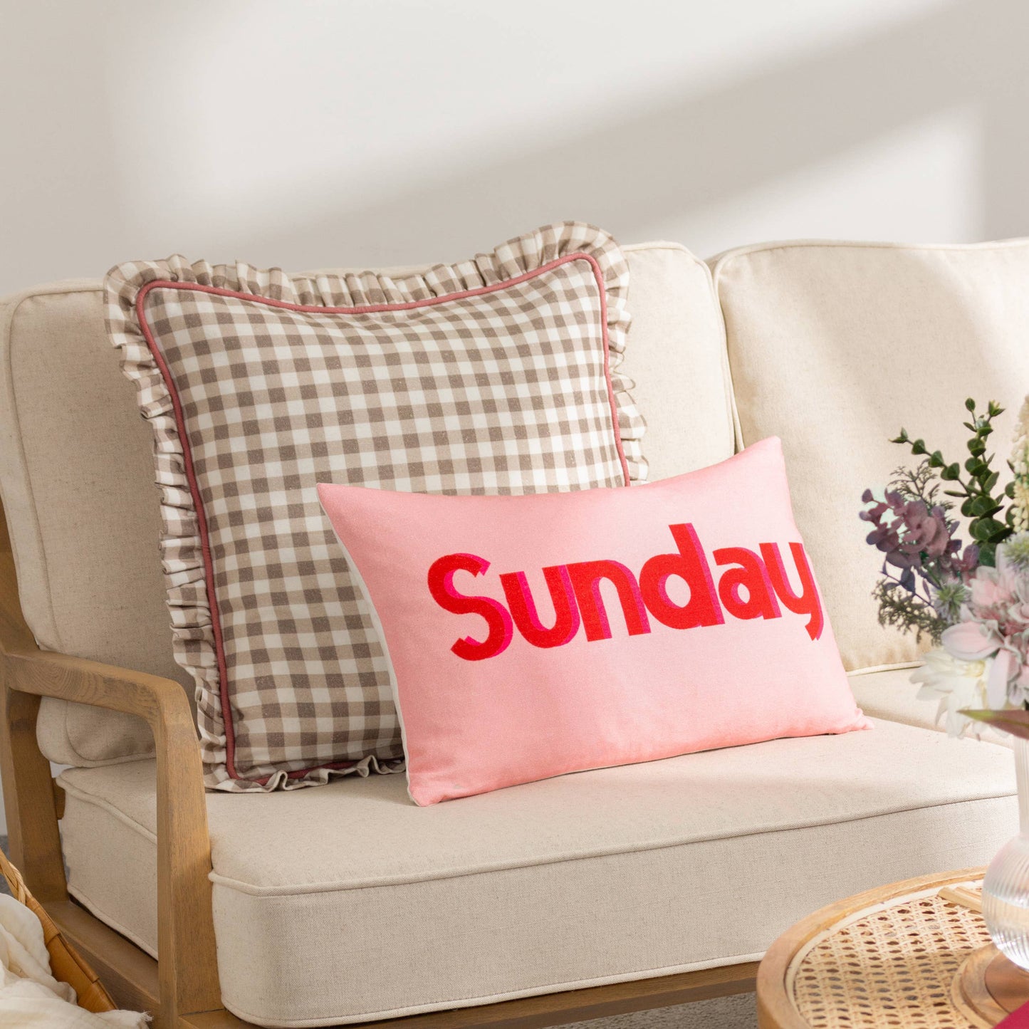 Maude Gingham Reversible Piped Cushion Natural
