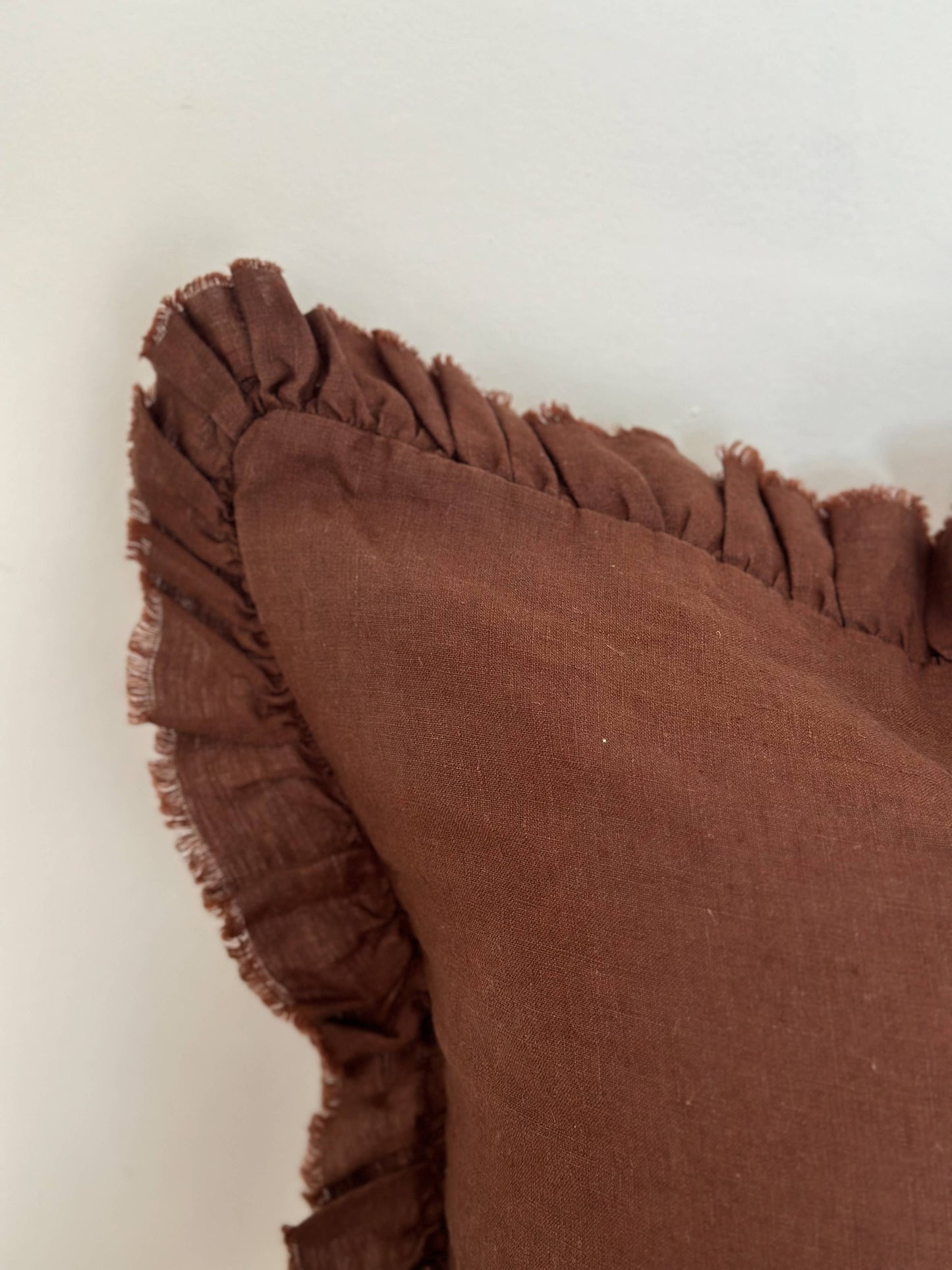 Hallie Ruffled Linen Cushion – Dark Brown: 45 x 45 cm