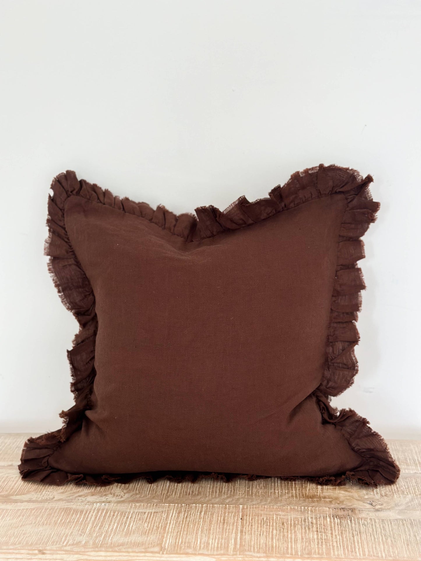 Hallie Ruffled Linen Cushion – Dark Brown: 45 x 45 cm