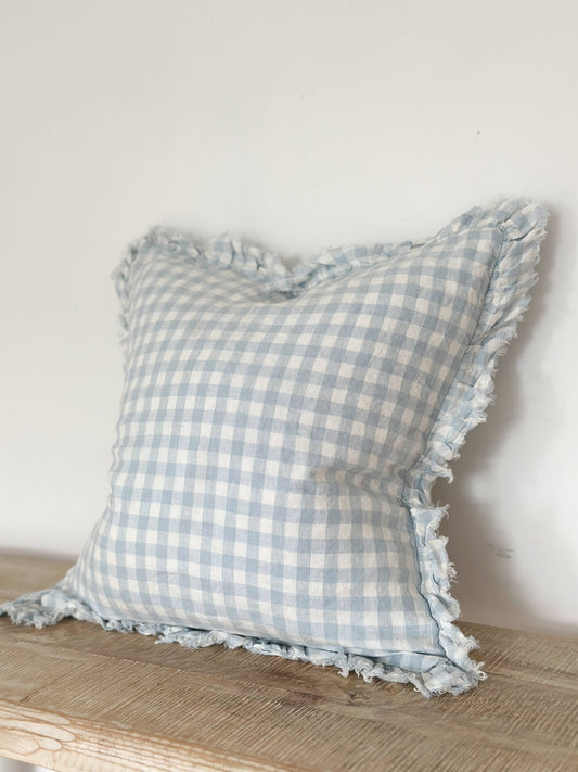 Hallie Ruffled Linen Cushion – Blue Gingham