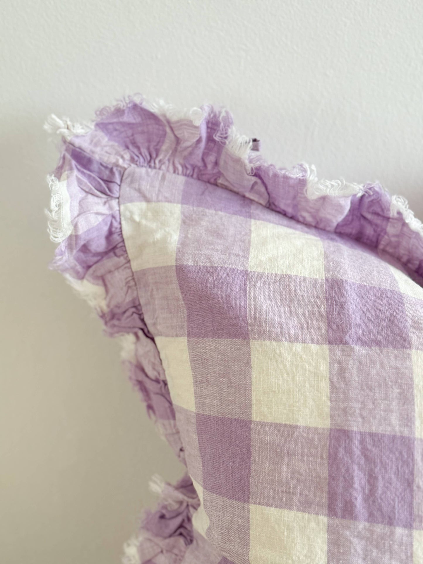 Hallie Ruffled Linen Cushion Cover – Lilac Check