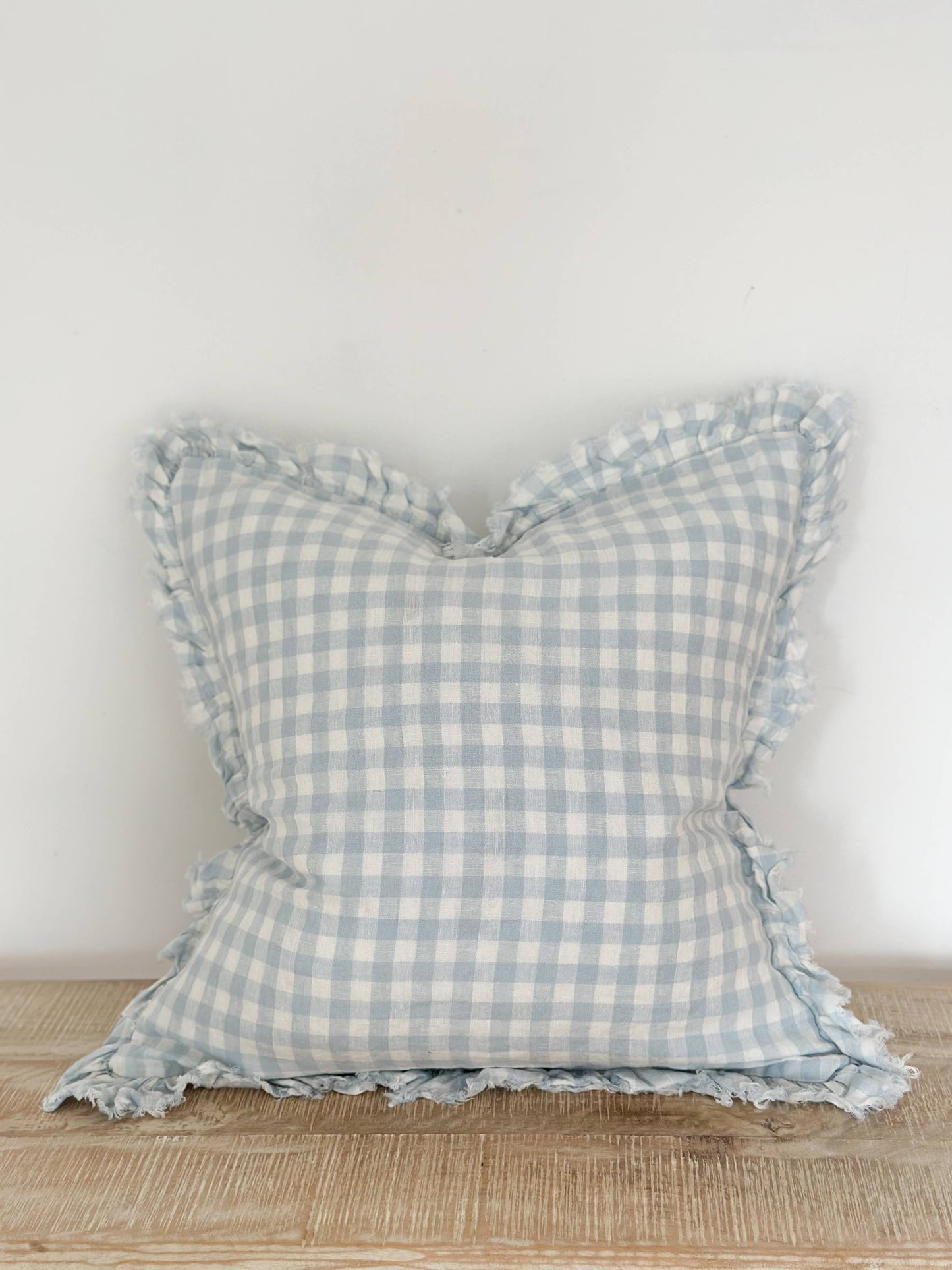 Hallie Ruffled Linen Cushion – Blue Gingham