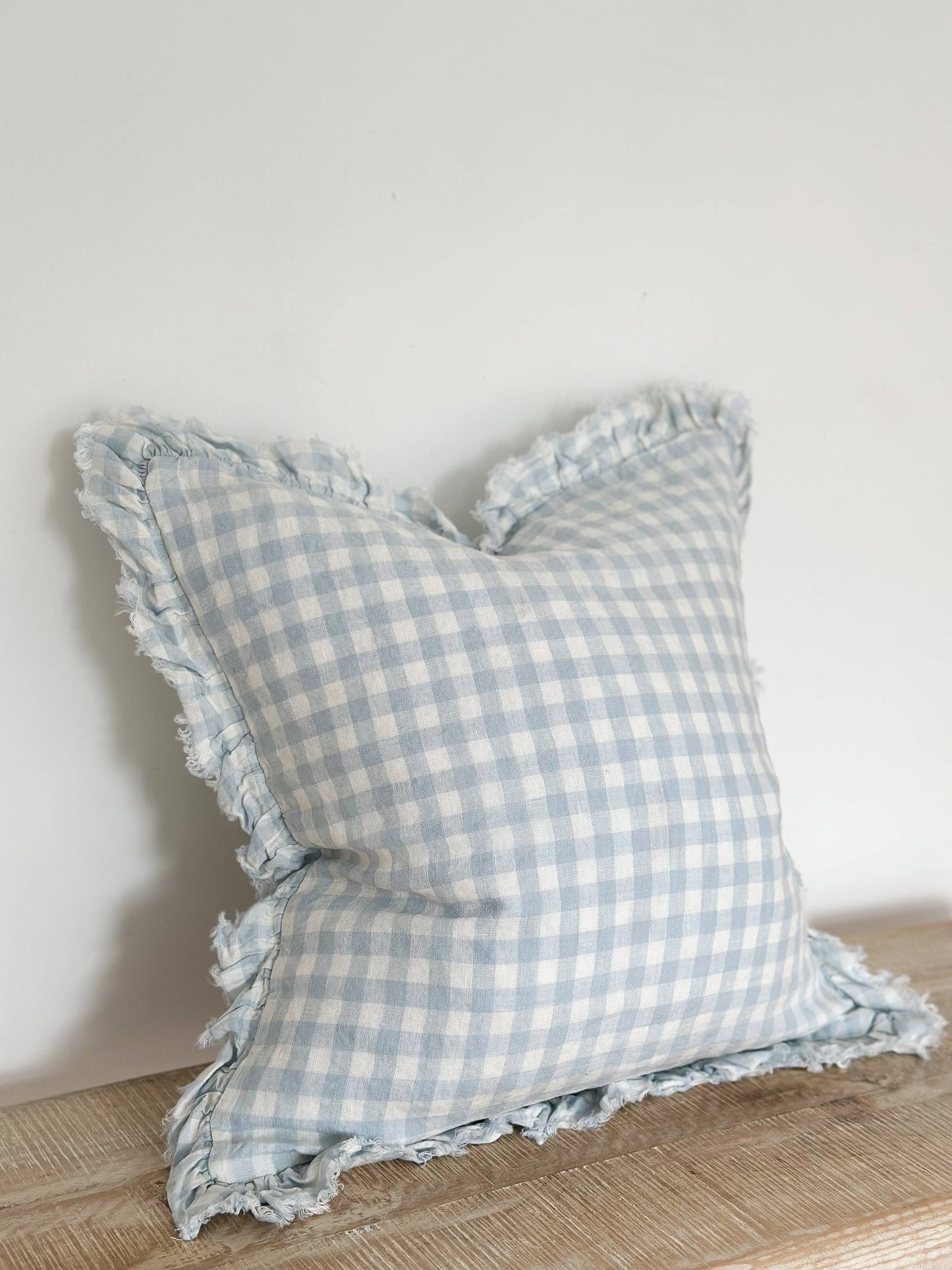 Hallie Ruffled Linen Cushion – Blue Gingham