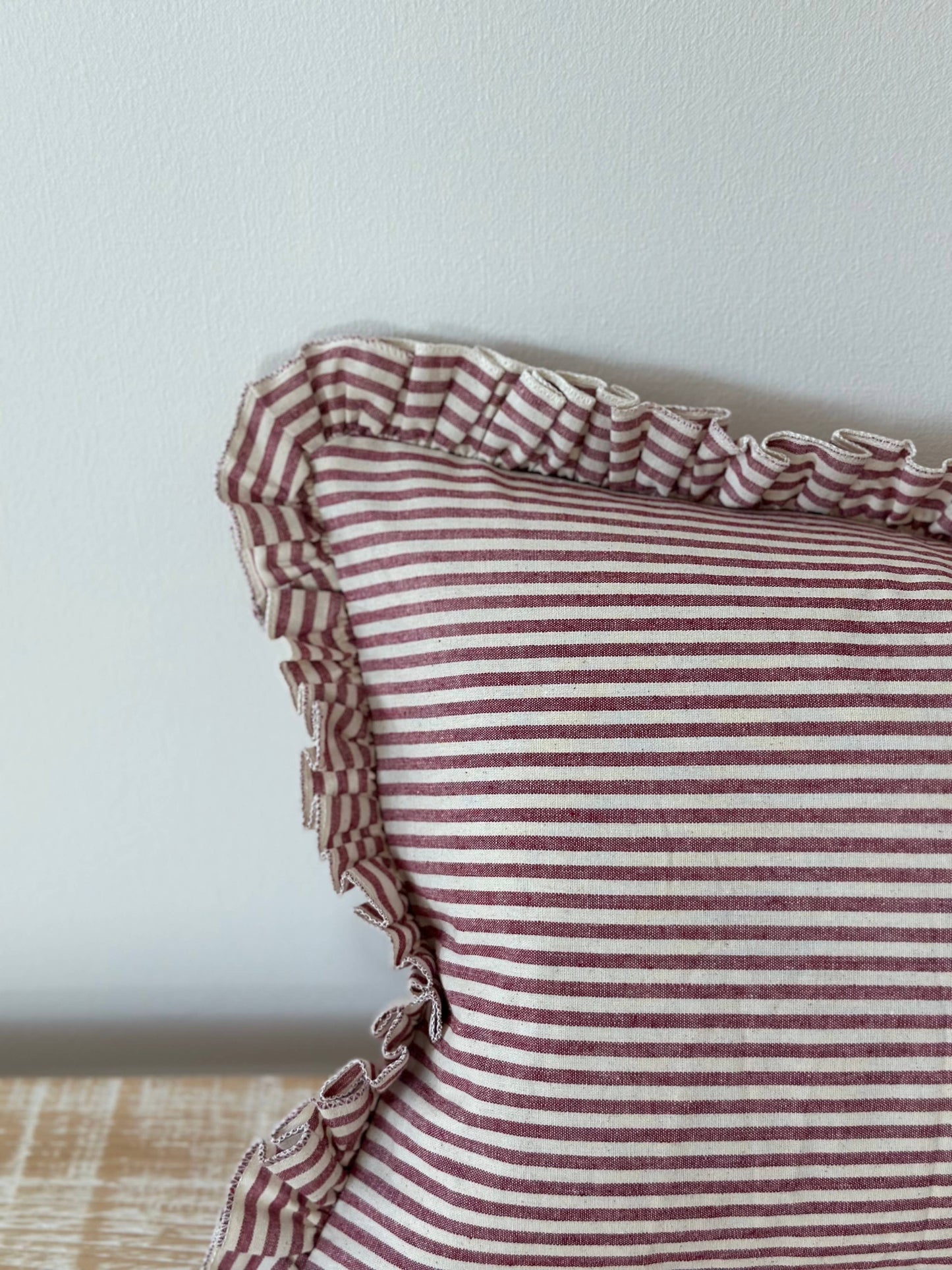 Darcy Ruffle Cotton Cushion 50x30 – Burgundy Stripe