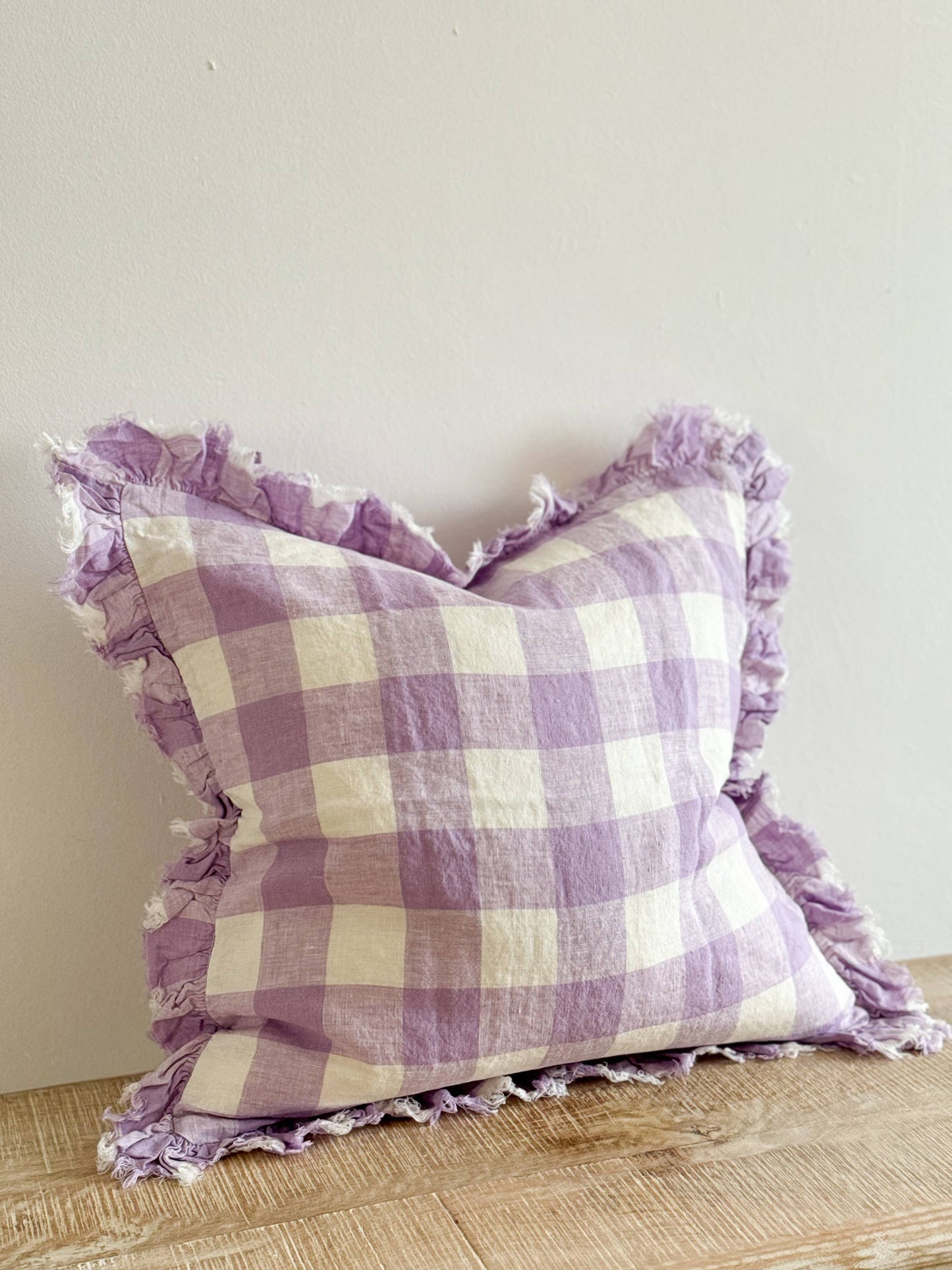 Hallie Ruffled Linen Cushion Cover – Lilac Check
