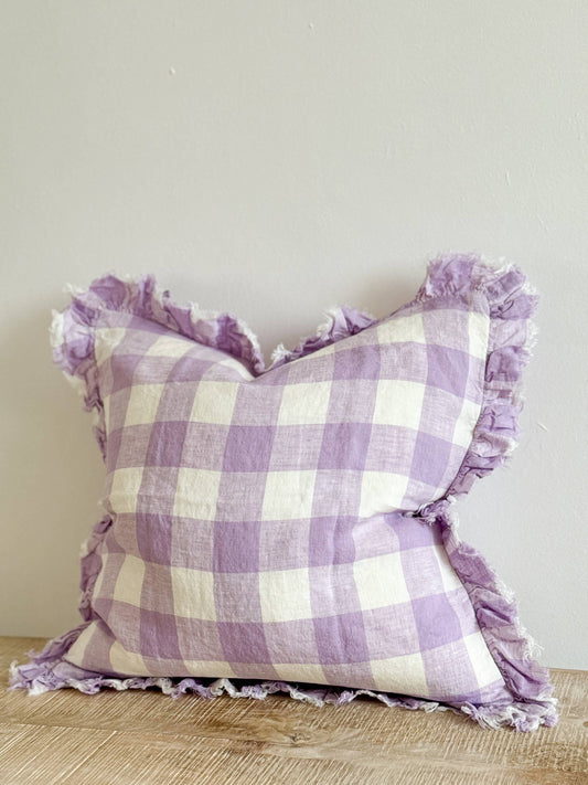 Hallie Ruffled Linen Cushion – Lilac Check