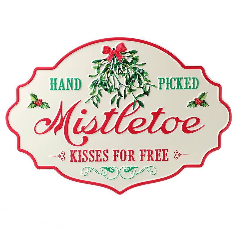 White Mistletoe Kisses Metal Sign