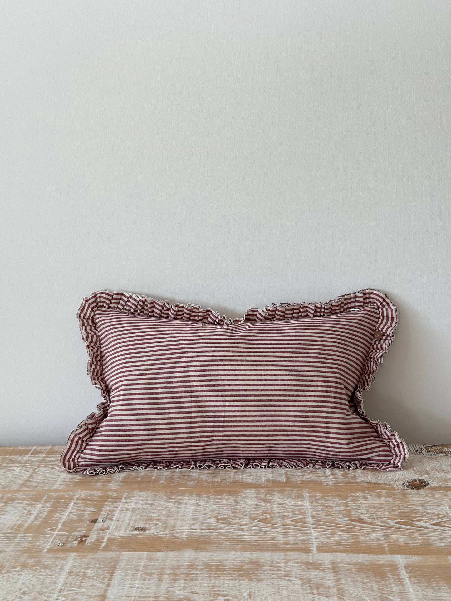Darcy Ruffle Cotton Cushion 50x30 – Burgundy Stripe
