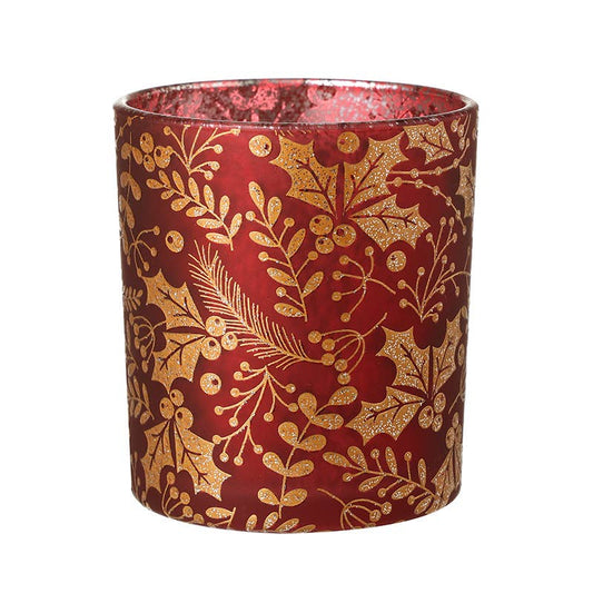 Red/Gold Glitter Holly Candle Holder