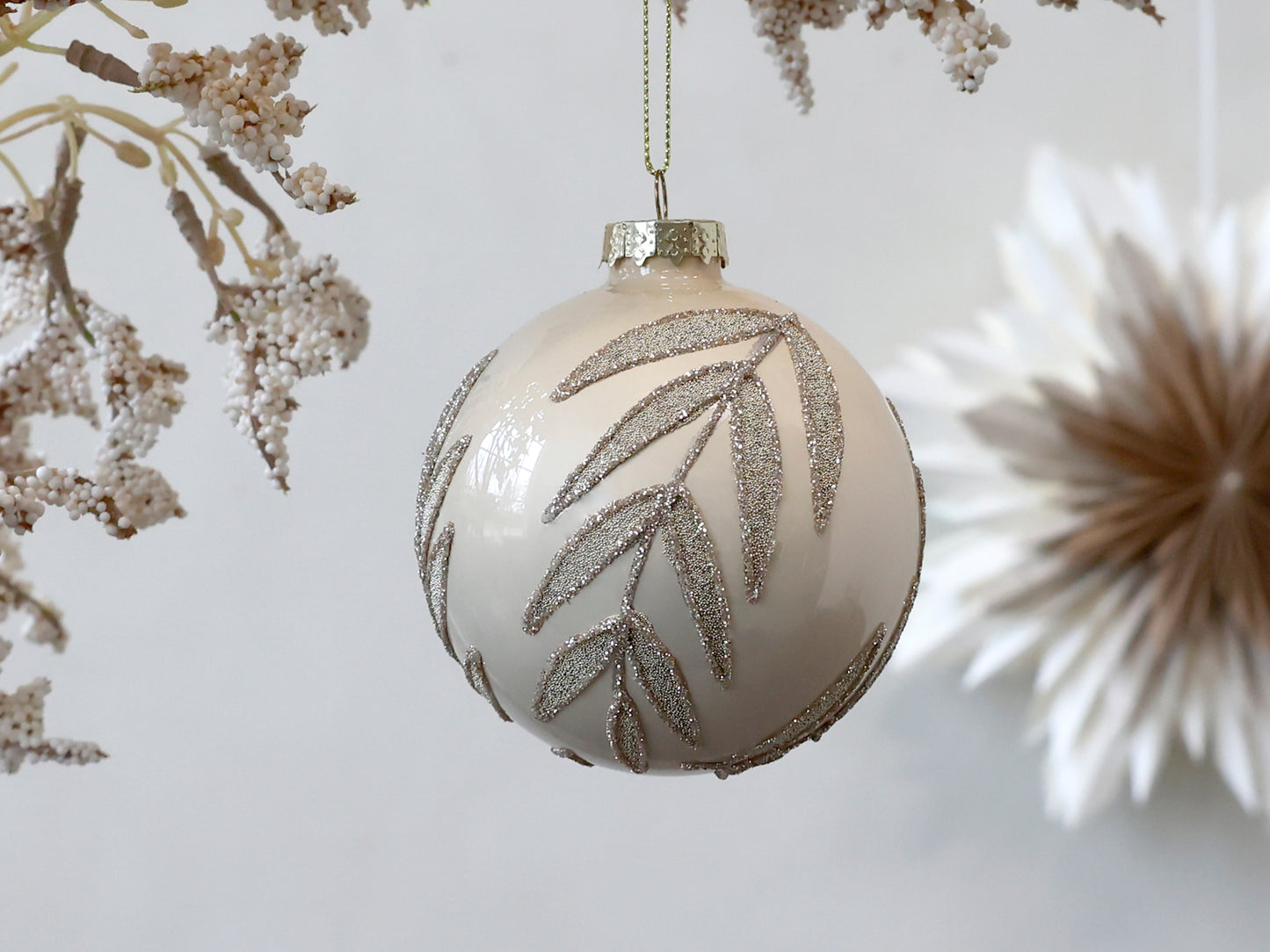Cream Leaf Glitter Bauble
