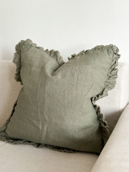 Ruffled Linen Khaki Cushion 