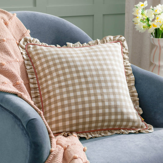 Maude Gingham Reversible Piped Cushion Natural