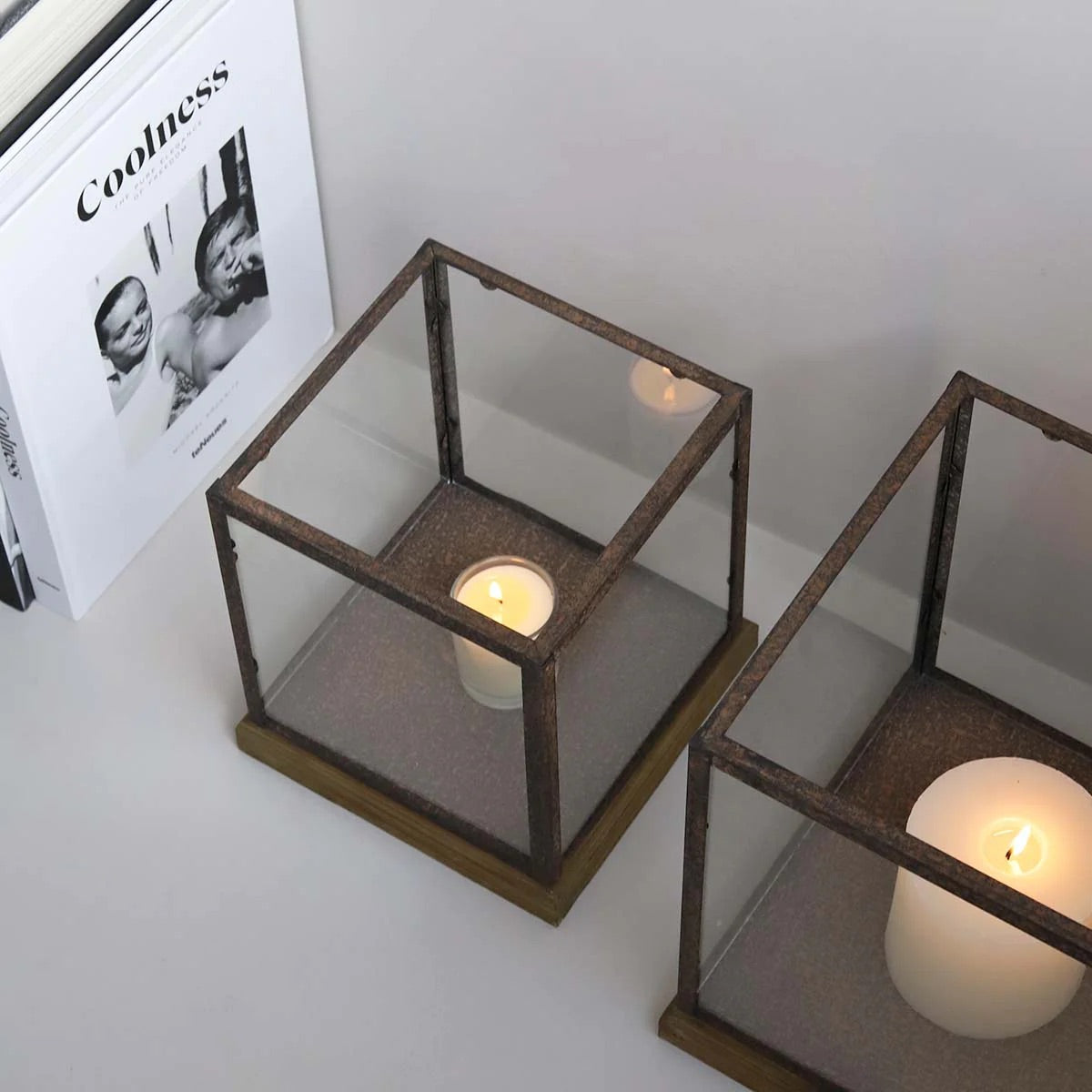 Set of Two Aged Square Candle Holders
