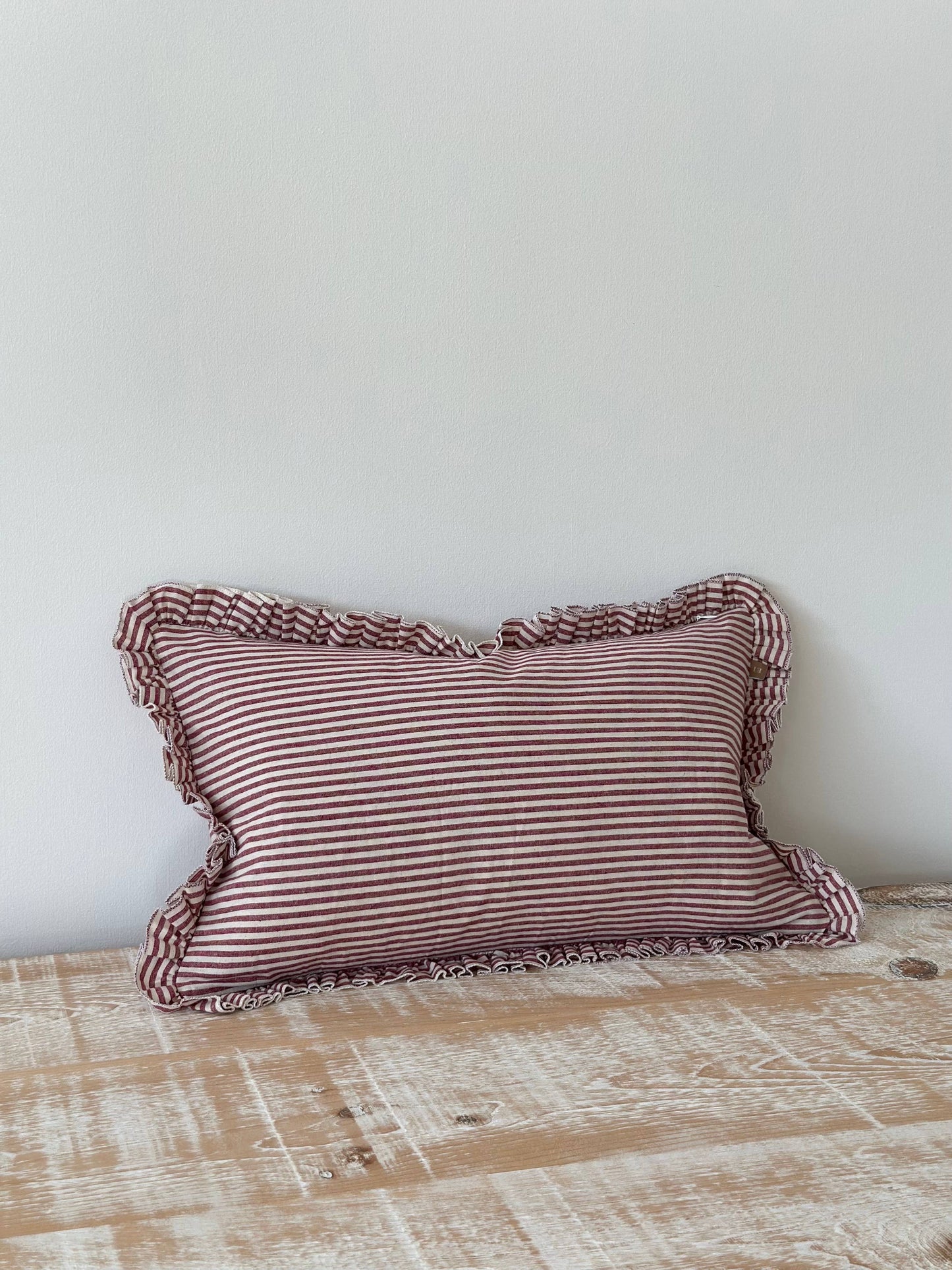 Darcy Ruffle Cotton Cushion 50x30 – Burgundy Stripe