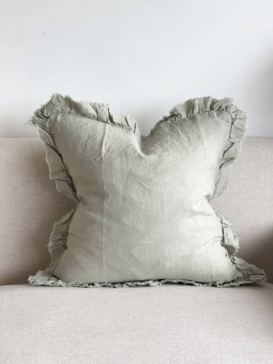 Hallie Ruffled Linen Cushion  – Dusty Sage