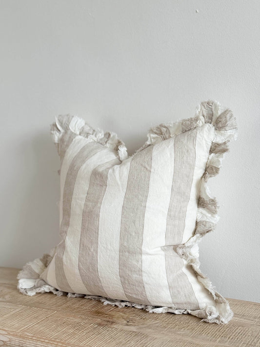 Hallie Ruffled Linen Cushion  – Beige & Cream Wide Stripe