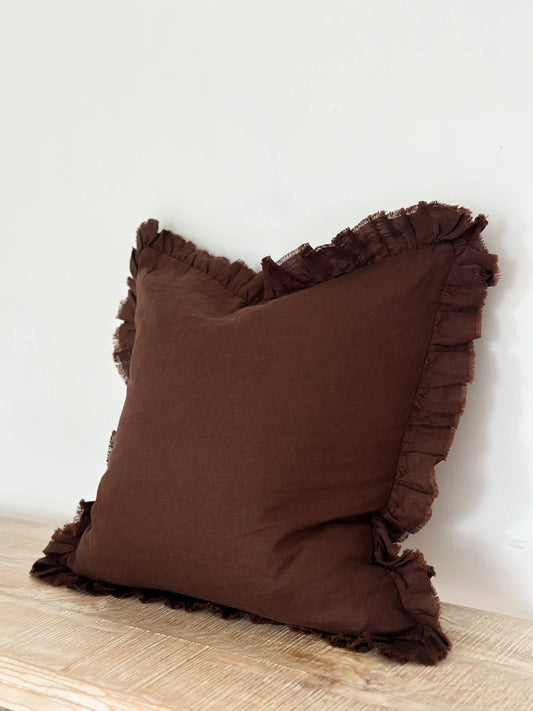 Hallie Ruffled Linen Cushion  – Dark Brown: 45 x 45 cm